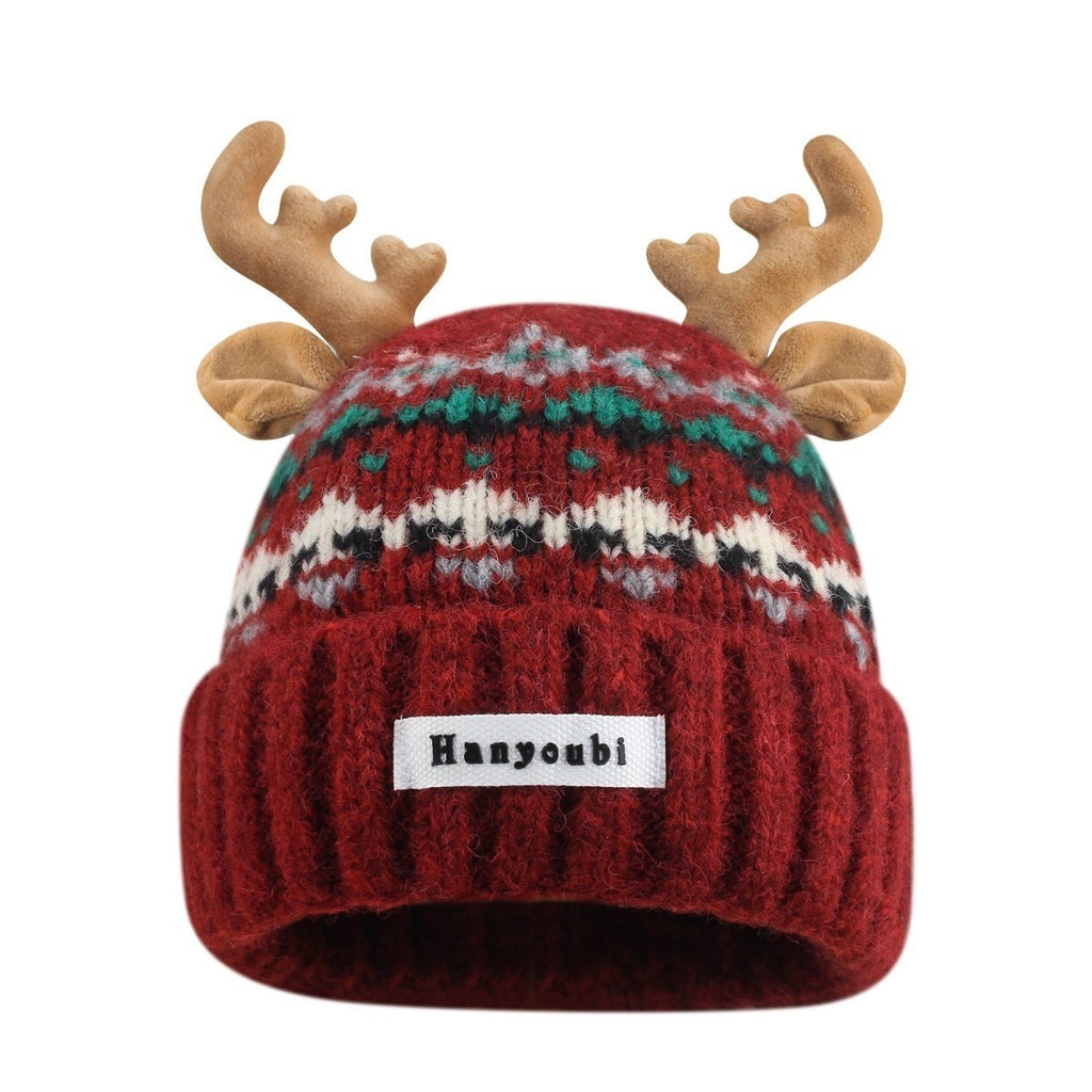 Women's Knitted Hat With Christmas Antlers Thick Warm And Adorable
